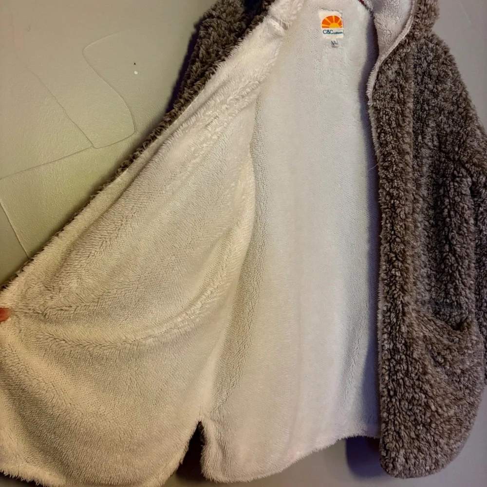 C&C California Women's Size S Cozy‎ Sherpa Hooded Cardigan Jacket Brown